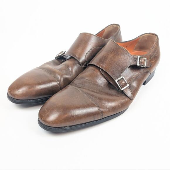 Santoni Men\'s Brown IRA Double Monk Strap Leather Shoe Size 11